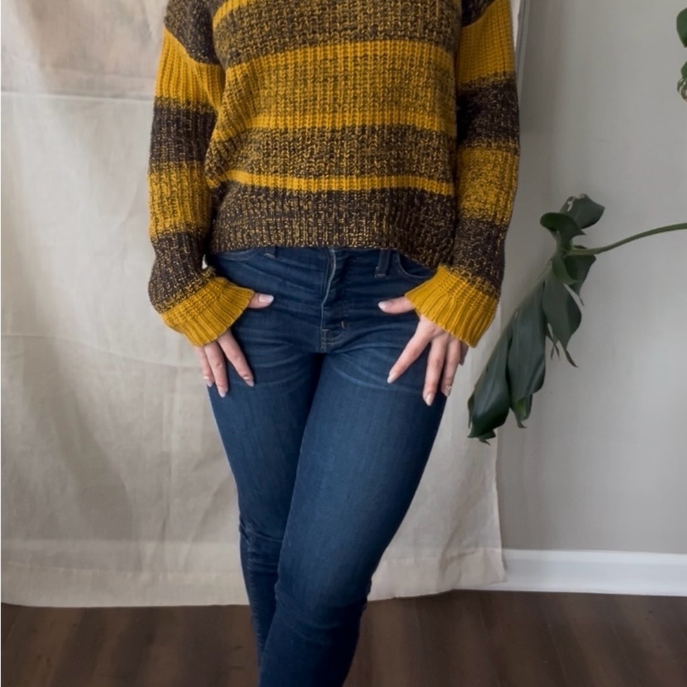 BDG Striped Crewneck Sweater in Mustard and Black